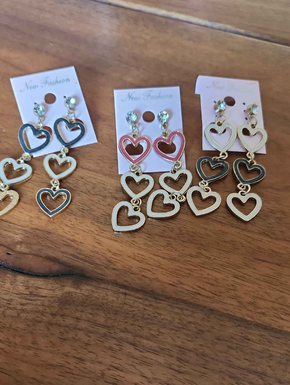 Fashion Jewelry Gold-Tone Triple Heart Drop Earrings with Pink and Blue Accents